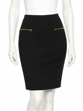 Talla M Falda Pencil Negra Trabajo Oficina Gold Zipper Stretch Knee Length